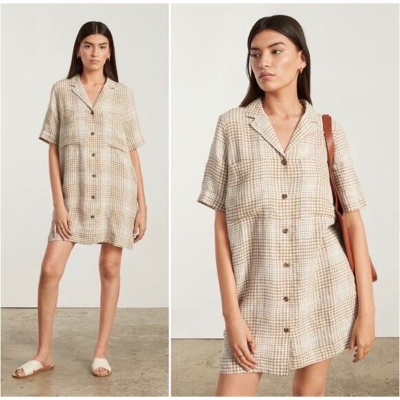 Everlane button down shirt dress women’s size M tan plaid 100% linen minimalist - Picture 1 of 8